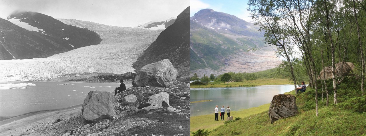 Рисунок 7. Энгабреен — ледник в северной Норвегии (Му-и-Рана). Фотографии сделаны с одной точки в 1889 и 2010 годах