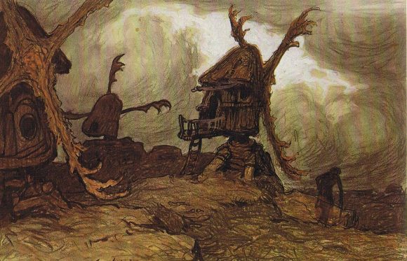 Древняя мельница на рисунке