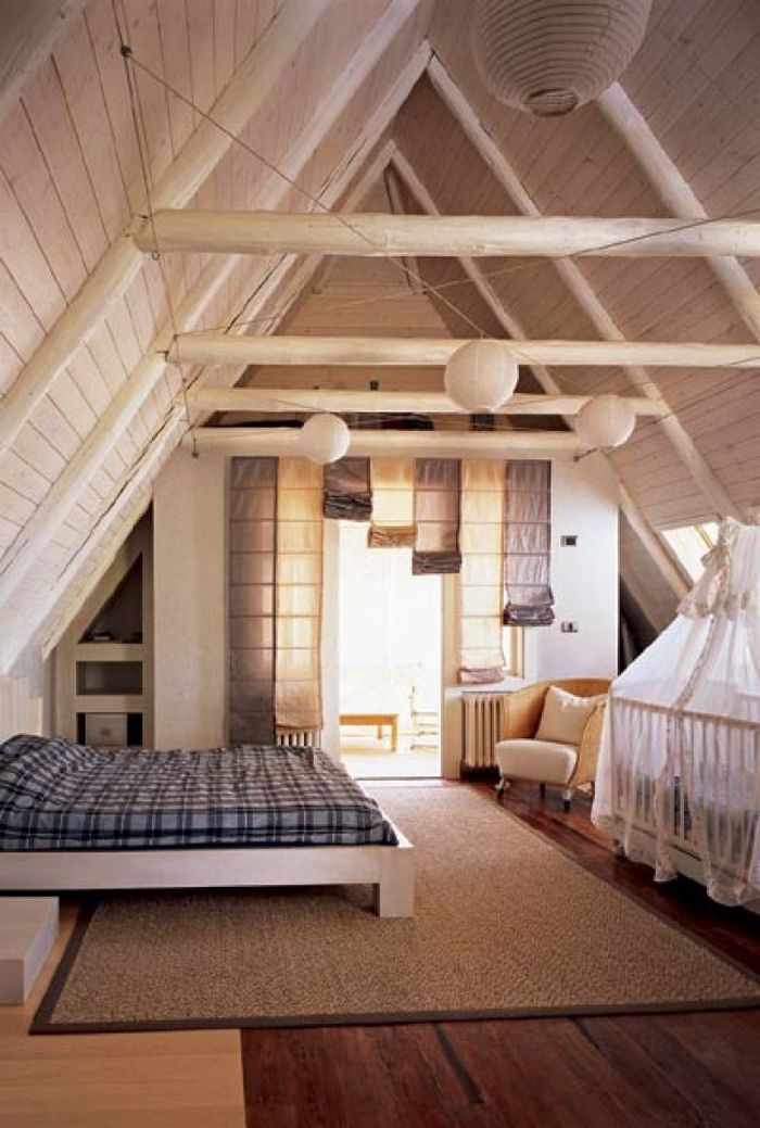 Спальня в мансарде с двускатной крышей
