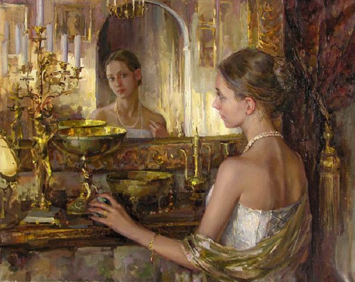 Женщина и зеркало - неисчерпаемая тема в живописи.