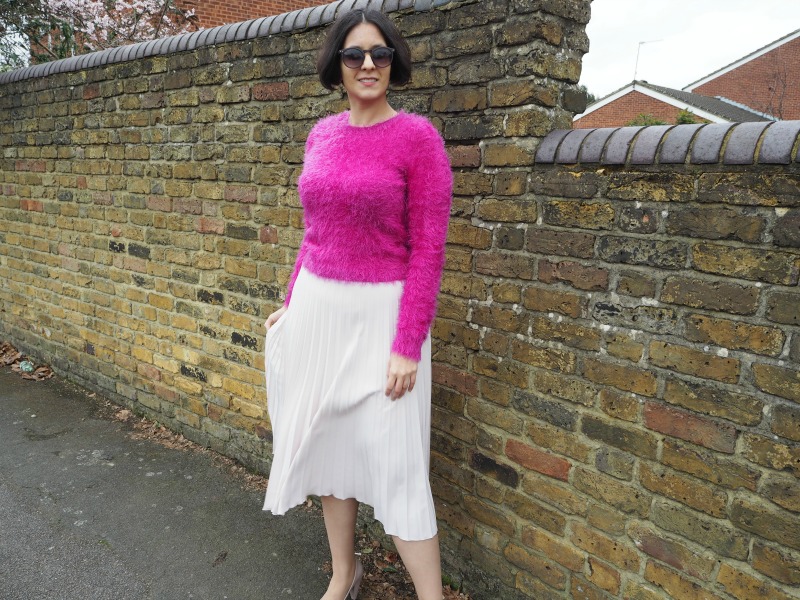 Pink fluffy jumper and blush pleated skirt 