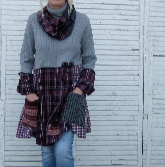 15 OFF Sweater Tunic XL Upcycled Clothing Recycled by AnikaDesigns, $68.00 (2 flannel/checked men's shirts): 