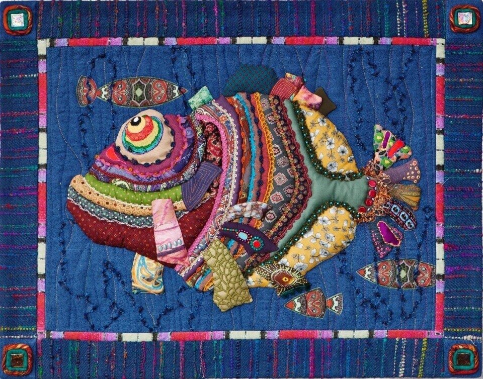 "Чудо-Рыба", 54х68 см., ткань, арт-текстиль, бусины.