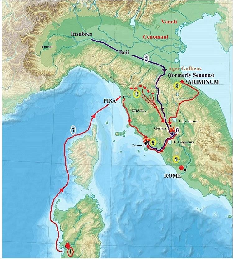​Кампания 225 года до н.э. 1. Консул Гай Атилий Регул со своей армией на Сардинии. 2. Отряды этрусков и сабинов под командованием претора стерегут проходы в Апеннинах. 3. Консул Луций Эмилий Пап со своей армией находится у Аримина. 4. Резервные силы в Риме. 5. Галлы направляются к Аримину, но затем поворачивают на юг и через проходы в Апеннинах вторгаются в Этрурию. 6. У Фезулы галлы наносят поражение ополчению этрусков, остатки которого спасены консулом Папом. Галлы поворачивают на запад и выходят к морскому побережью. Консул идёт за ними. 7. Регул тем временем высаживается со своей армией в Пизе и по Аврелиевой дороге идёт навстречу галлам. 8. Все три армии встречаются у Теламона. - Кельты: Римское завоевание Цизальпинской Галлии | Warspot.ru