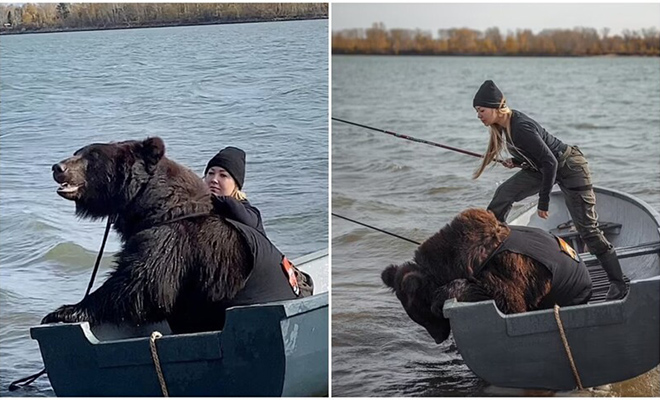 Женщина отправилась на рыбалку с лодки и взяла с собой медведя 