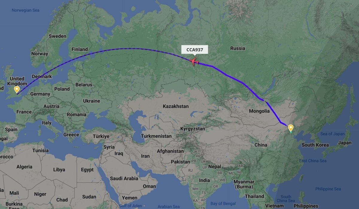 самолет AirChina в Лондон летит над Россией