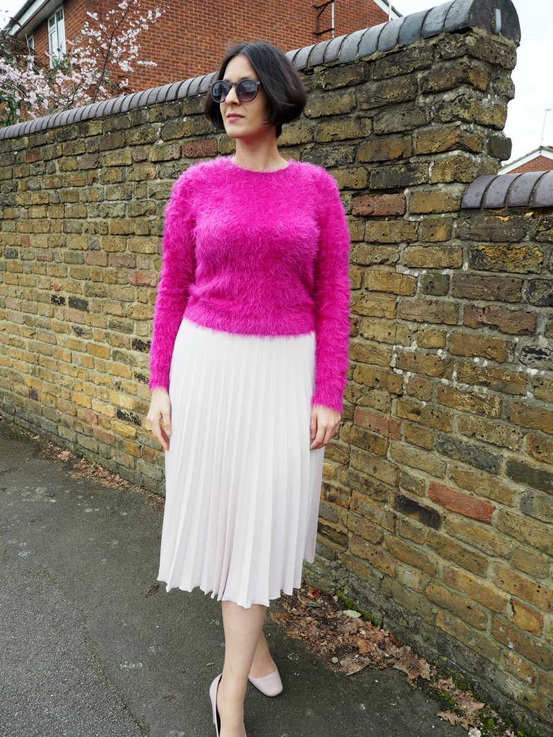 Pink fluffy jumper and blush pleated skirt 