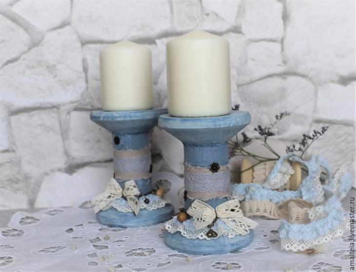 Подсвечник бохо из катушки для ниток