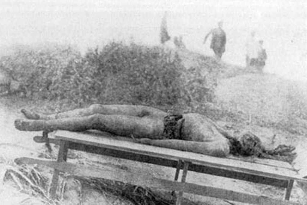 Труп 17–18-летнего юноши, с вырубленным боком и изувеченным лицом. 