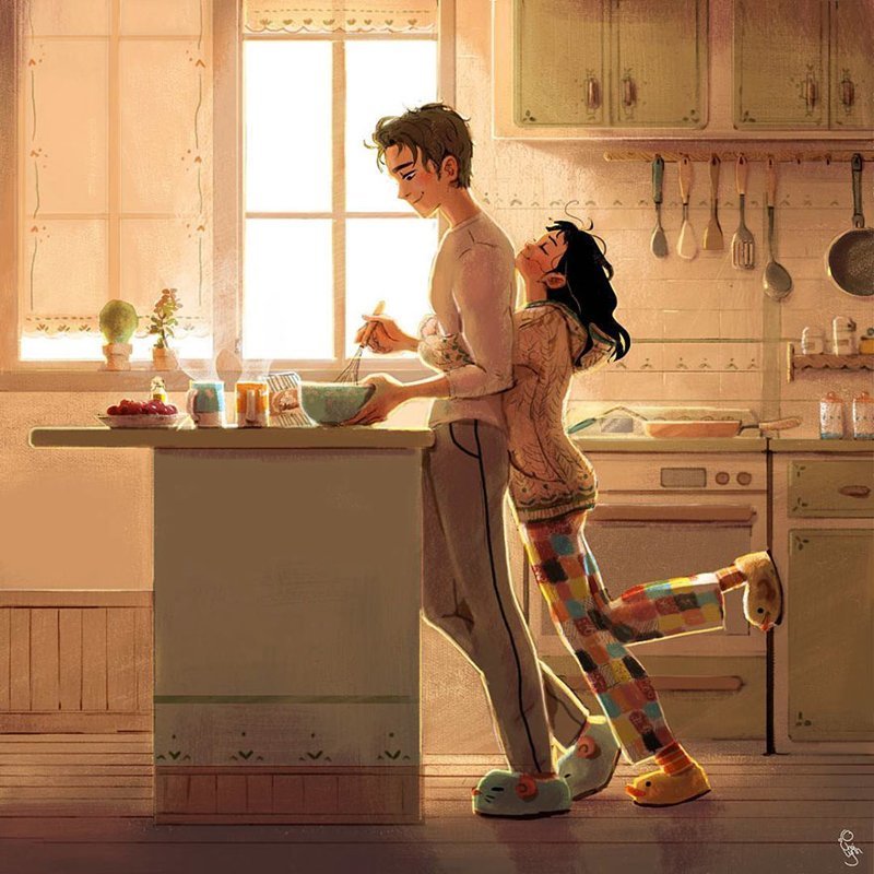 Как приятно проснуться утром и увидеть, что любимый готовит завтрак Любовь, Любовь . нежность . иллюстрация. художник, иллюстратор, иллюстрации, мимими, мужчина и женщина, чувства