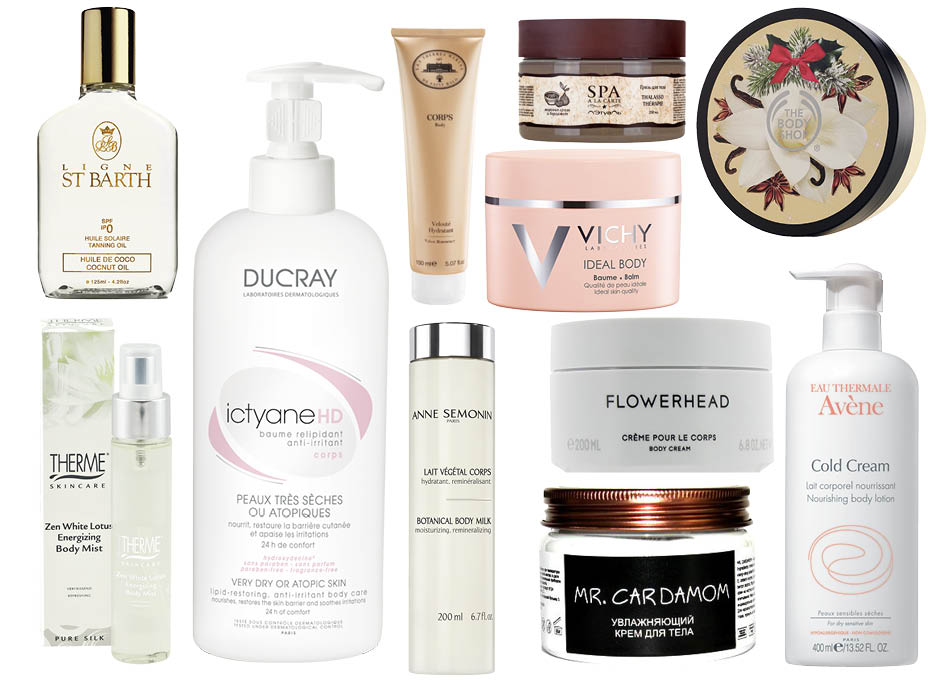 1. St Barth Cocnut Oil; 2. Ducray Ictyane HD; 3. Thermes Marins Saint Malo Body; 4. Anne Semonin Botanical Milk; 5. Л’Этуаль Spa a La Carte; 6. Vichy Ideal Body; 7. Byredo Flowerhead; 8. Mr. Cardamom; 9. Avene Cold Cream; 10. The Body Shop "Ванильный чай" 