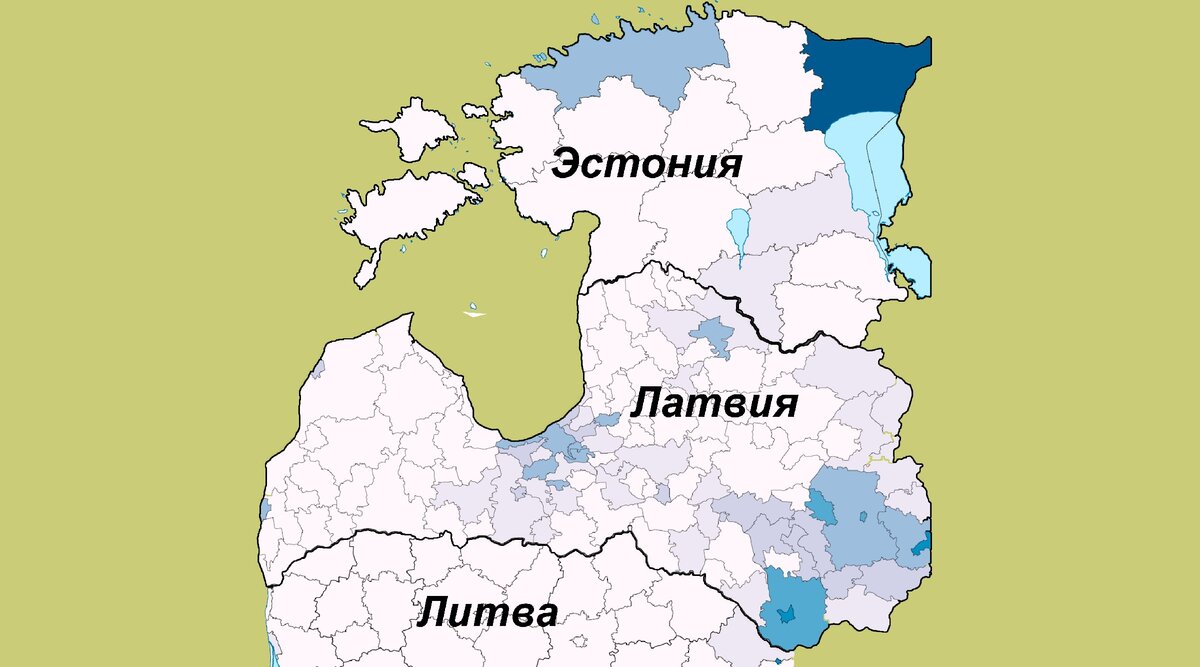 Синим отмечены области с преобладанием русских