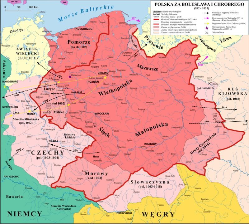 ​Королевство Польша во время правления Мешко II. commons.wikimedia.org - Западные походы Ярослава Мудрого  | Warspot.ru