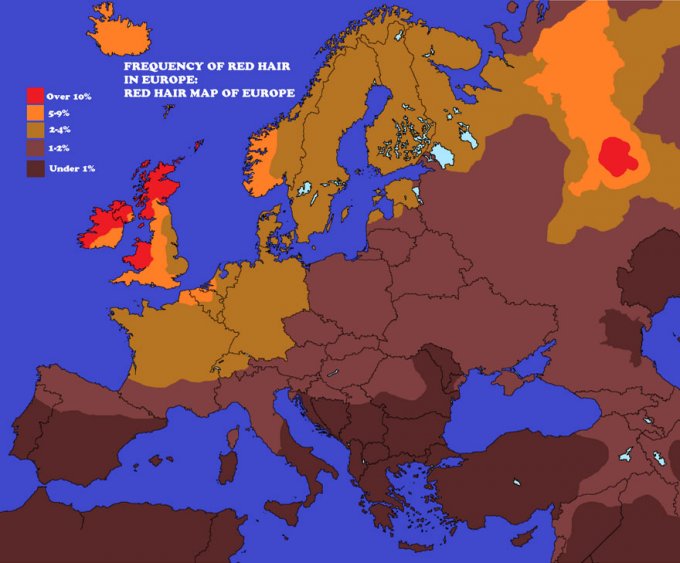 Распределение рыжеволосых по странам Европы география, земля, интересно, интересное, карты, мир, поучительно, факты