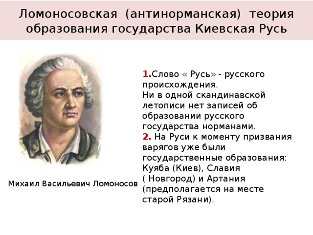 Антинорманская теория. Ломоносов М. В. – основатель антинорманской теории.  Суть теории. история