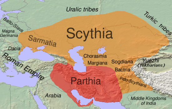 Распространение ираноязычных народов: Скифия, Сарматия, Бактрия и Парфянская империя примерно в 170 до н.э. Современные политические границы указаны для удобства / Dbachmann