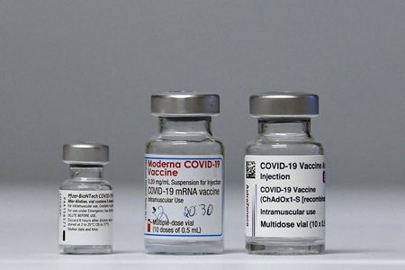 Vials of coronavirus disease (COVID-19) vaccines of Pfizer-BioNTech, Moderna and AstraZeneca are pictured at St. Mary's Hospital, in Phoenix Park in Dublin, Ireland, February 14, 2021. REUTERS/Clodagh Kilcoyne
