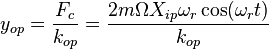 y_{op} = frac{F_c}{k_{op}} = frac{2mOmega X_{ip} omega_r cos(omega_r t)}{k_{op}}