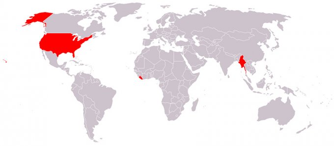В странах, выделенных на этой карте красным, до сих пор не пользуются метрической системой география, земля, интересно, интересное, карты, мир, поучительно, факты