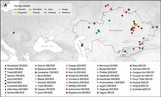 Карта расположения 39 археологических памятников, откуда был взят материал для исследования. В левом верхнем углу - цветовая легенда археологических культур / Gnecchi-Ruscone et al. / Science Advances, 2021