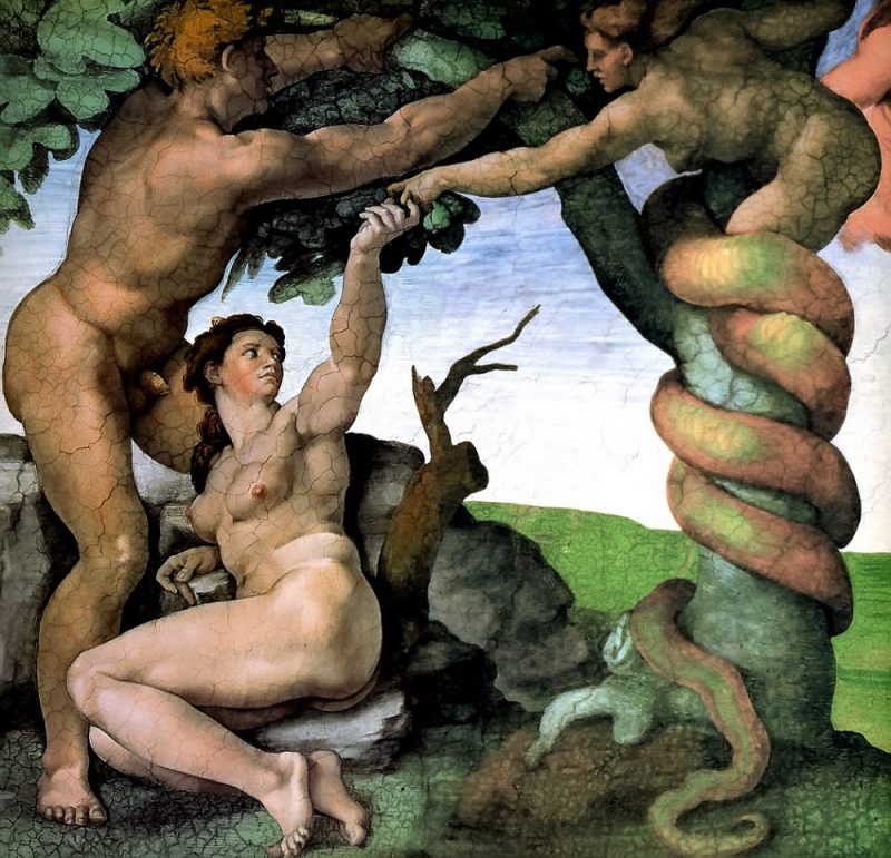 Микеланджело. Адам и Ева в райском саду со змеем. ок.1508-12