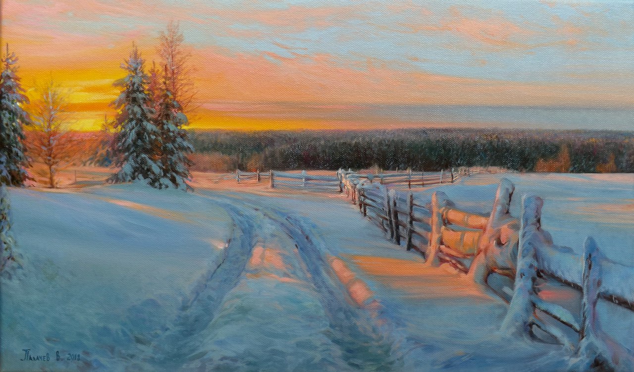 Зимнее утро картина художника