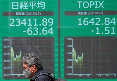 A passerby wearing a protective face mask past in front of an electronic board showing Japan's Nikkei and Topix average outside a brokerage, amid the coronavirus disease (COVID-19) outbreak, in Tokyo, Japan September 17, 2020. Picture taken by slow shutter speed. REUTERS/Issei Kato