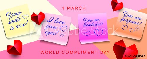World compliment day design with multicolored sticker papers with compliments and paper origami hearts 