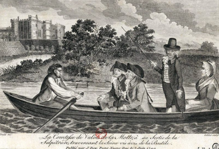 Гравюра, изображающая побег переодетой в мужчину графини де Ламотт из тюрьмы.