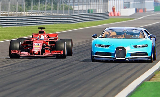Болид F1 против Bugatti Chiron. На треке проверили кто быстрее: видео