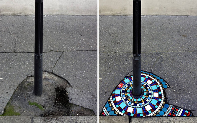 Уличный художник заполняет выбоины в своём родном городе яркими мозаиками мозаика,творчество