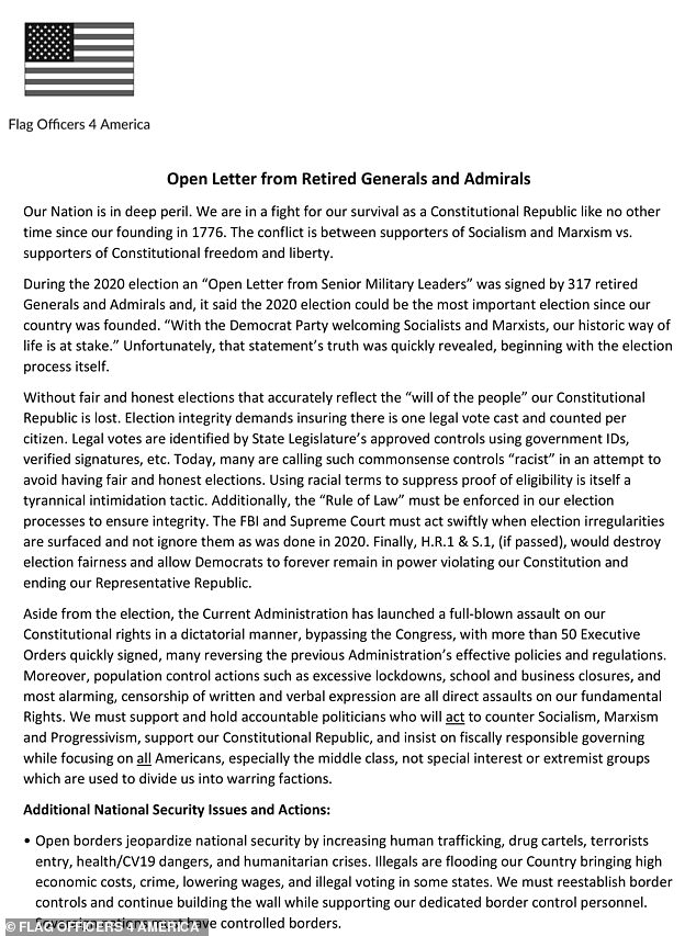 The 'Open Letter from Retired Generals and Admirals' blasts Biden for 'excessive lockdowns' and 'censorship of written and verbal expression,' while questioning his mental acuity