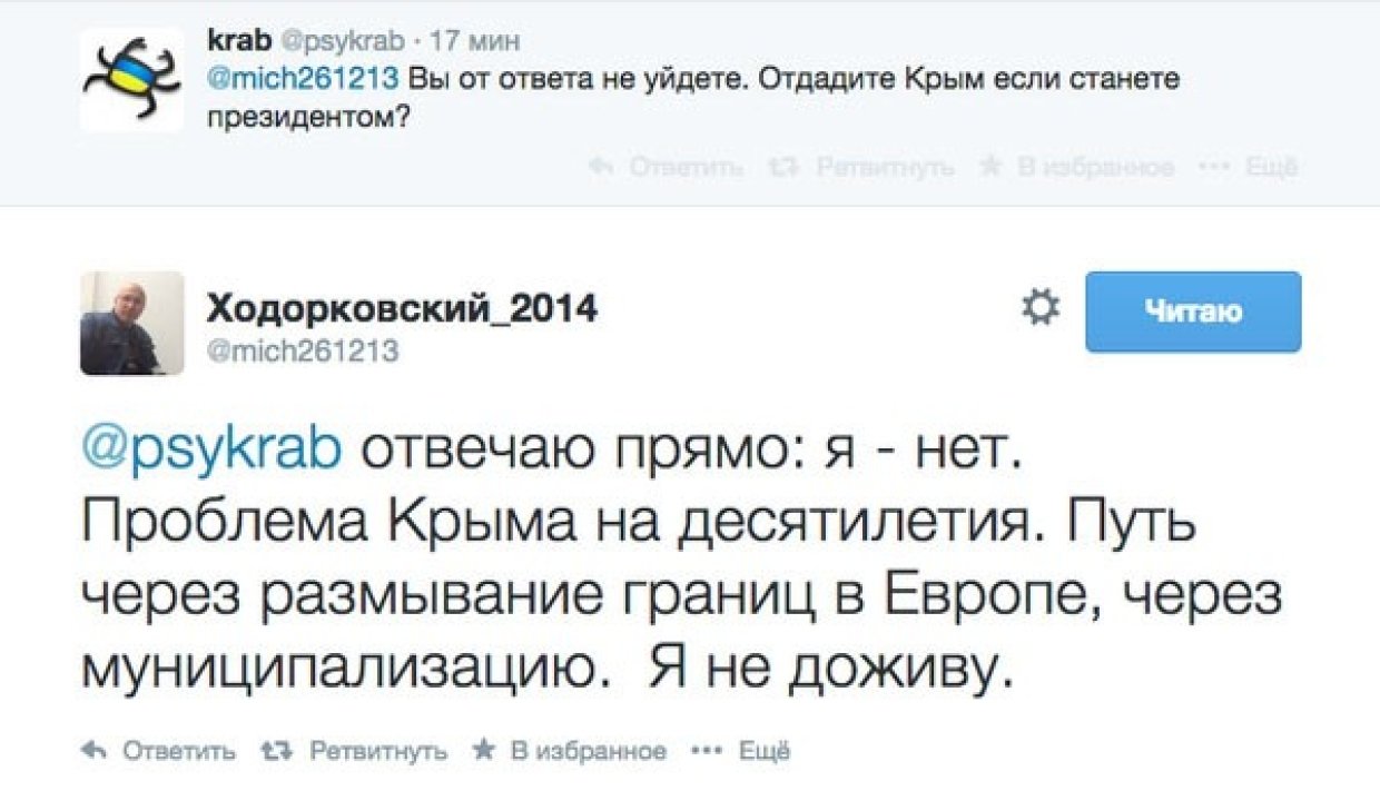 В октябре 2014 года Ходорковский заявлял, что, если он станет президентом России (что, конечно, абсолютная фантастика. — Прим ФАН), то Крым он «не отдаст»