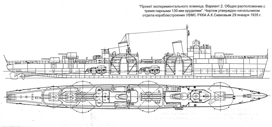 Первоначальный вариант эсминца проекта 45 Источник: Литинский Д. Ю. Эскадренный миноносец «Опытный». Проект 45 - Первый советский эсминец: ошибка инженера Бжезинского | Военно-исторический портал Warspot.ru
