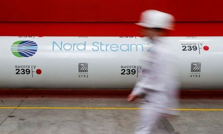 The logo of the Nord Stream 2 gas pipeline project is seen on a large diameter pipe at Chelyabinsk Pipe Rolling Plant owned by ChelPipe Group in Chelyabinsk, Russia February 26, 2020. Picture taken February 26, 2020. REUTERS/Maxim Shemetov