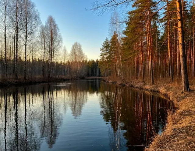 Тихий апрельский вечер, река, сосновый бор. YandexART 2.5.