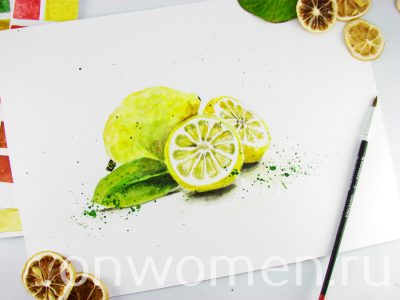 Лимон акварелью лимона, лимон, часть, желтой, прорисовываем, более, целый, Начнем, корки, рисуем, половинку, плодоножку, оттенком, добавляем, рисования, затемняем, основание, чистой, листа, желтозеленой