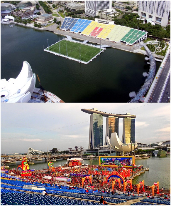 Арена плавучего стадиона состоит из 15 соединенных элементов, которые закреплены на 6 плавучих пилонах (Сингапур). | Фото: orangesmile.com/ sportsvit.com.ua.
