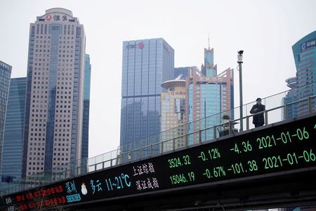 FILE PHOTO: A man stands on an overpass with an electronic board showing Shanghai and Shenzhen stock indexes, at the Lujiazui financial district in Shanghai, China January 6, 2021. REUTERS/Aly Song