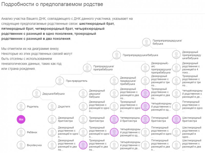 предполагаемое родство между людьми на основании совпадающих участков ДНК