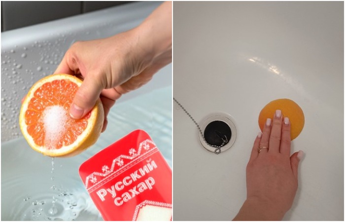 Разрежьте грейпфрут напополам, посыпьте сахаром и натрите ванну. / Изображение: дзен-канал technotion