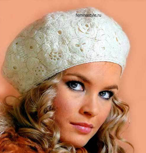 Белый берет связанный крючком