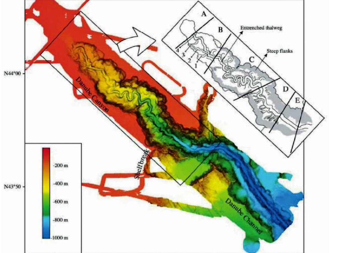 3-D - карта Дунайского каньона (Danube Canyon). Из статьи "Submarine canyons of the Black Sea basin with a focus on the  Danube Canyon"