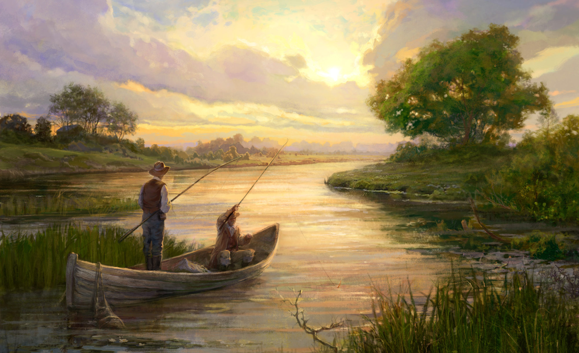 Двое подошли к реке лодка. Пейзаж с рыбаком.