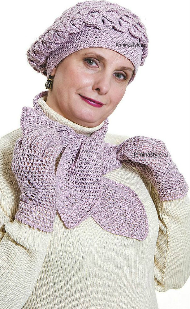 Берет шарф и перчатки крючком