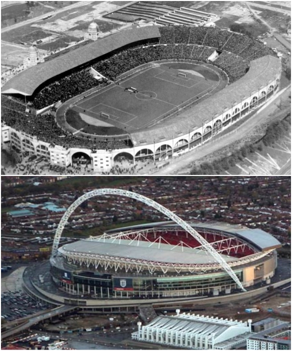 Так выглядел Стадион Уэмбли в 2000 г. и после строительства в 2007 г. | Фото: 100dorog.ru/ fakty.ua.