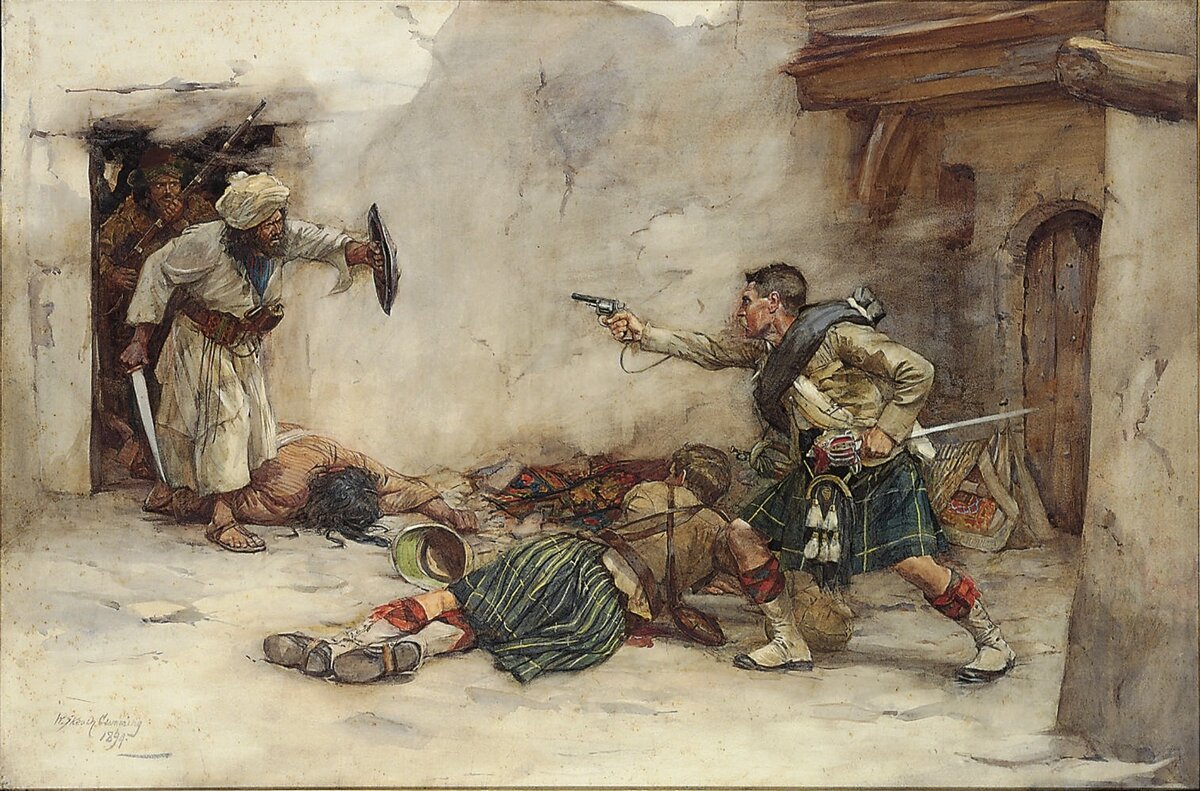 Барабанщик Роддик из 92-го полка шотландев Гордона спасает лейтенанта  Мензиса во время рукопашного боя в Кандагаре в 1880 г. (картина У. Камминга, 1894 г.).