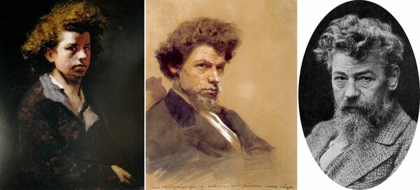 Портреты художника Василия Максимова: автопортрет (в 1863-м году, в возрасте 19-ти лет);  акварель работы Крамского и фотография. 