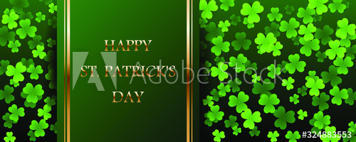 Happy Saint Patricks Day golden text on striped ribbon with clover leaves on green background 