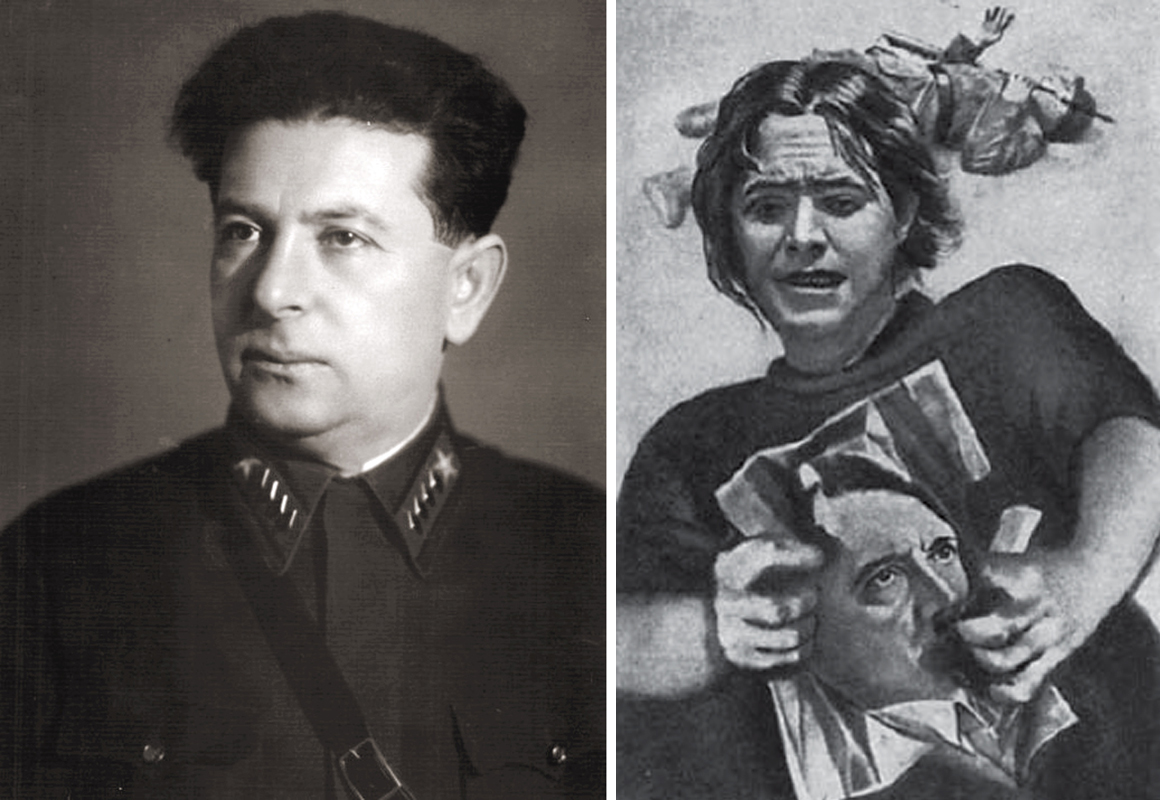 Лев Мехлис (слева). Советская листовка. Фрау рвёт портрет Гитлера, на обороте — стихотворение Эриха Вайнерта "Я обвиняю!". Фото © Wikipedia